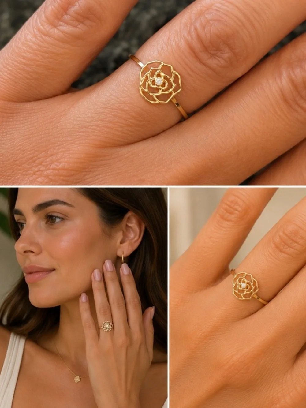 New Dainty Flower Ring 14K Real Gold Promise Ring size 7